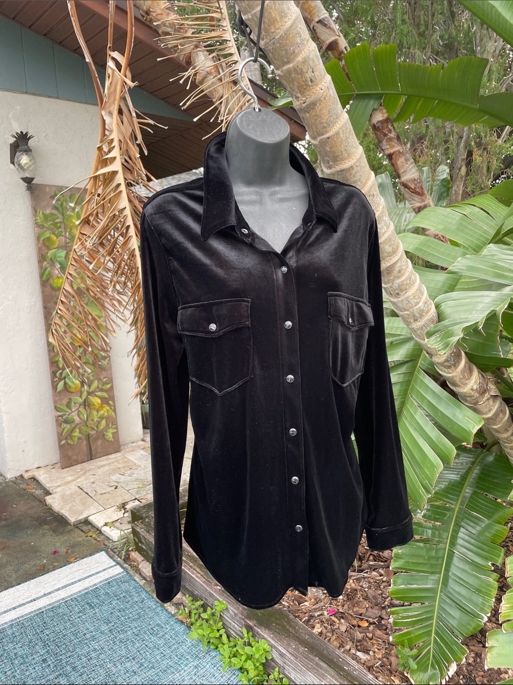 Black velvet button-down shirt